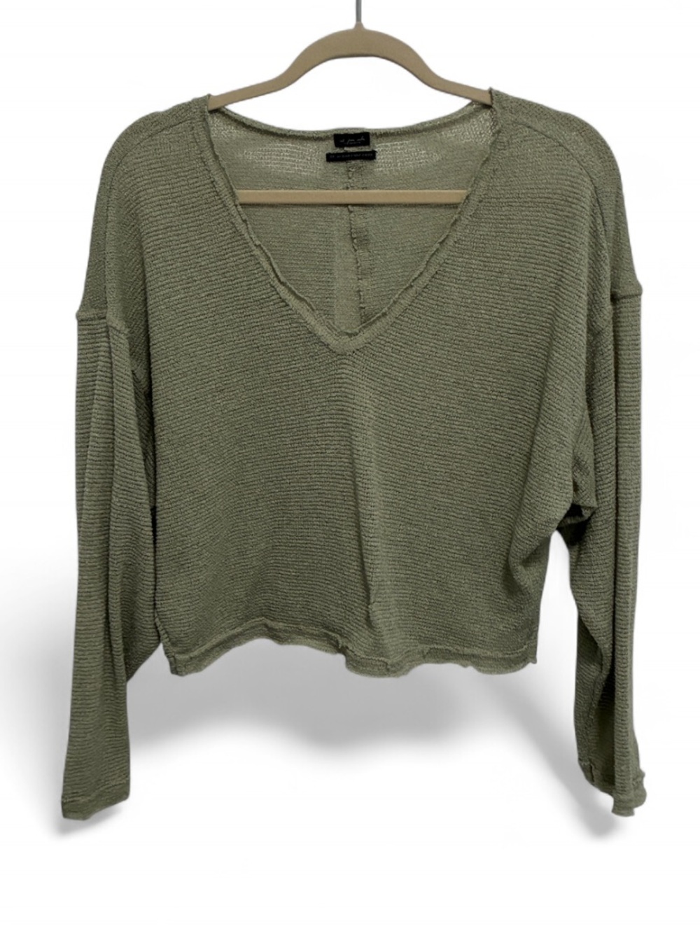 Urban Outfitters Sage Green Gauzy V-Neck Oversized Cropped Knit Long Sleeve Top